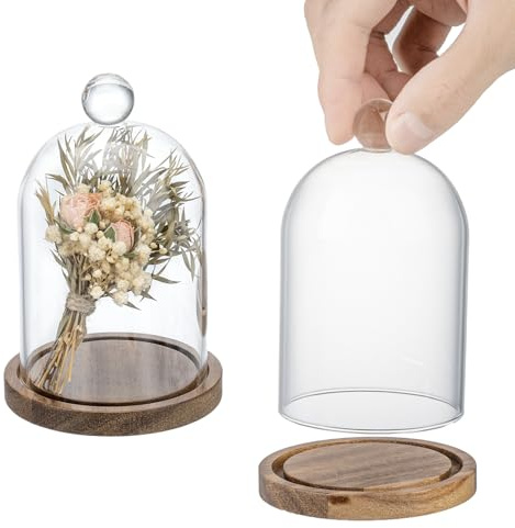 MyGift Mini Clear Glass Bell Display Cloches with Premium Acacia Solid Wood Base, Decorative Dome Cover Stands for Small Heirloom Jewelry Curios Keepsakes, Set of 2