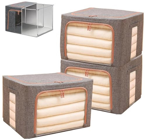 66L Clothes Storage Boxes,Stackable Cube Wardrobe Storage Organiser,Collapsible Storage With Metal Frame,Storage Bags With Zips Clear Window & Carry Handles For Blankets,Bedding,Comforters(Grey-3PCS)