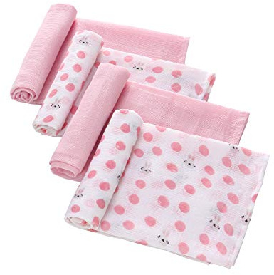 LAT Lot de 4 Lange Bébé en Mousseline de Coton, 70x70cm, Carrés de Mousseline Doux et Respirant Multi-Usage Serviette en Mousseline pour Bébé Nouveauné (Rose + Lapin)