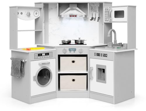 INFANS Kids Kitchen Playset with Real Running Water, Ultimate Wooden Corner Pretend Cooking Set with Simulation Light Sound Stove Storage Cabinet, Play Toy Gift