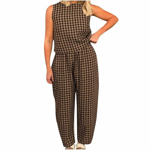 NSICBMNO Khaki Co Ord Sets For Women Summer Lounge Wear Sets Plaid Pyjamas Sleeveless Vest Tops Baggy Trousers 2 Piece Outfits Checked Pj Bottoms Cotton Tops Casual Tracksuit Gym Outfits Streetwear