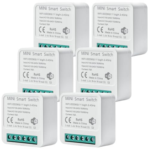 6 Stück Smart Lichtschalter Modul 2 Wege: Mini DIY WLAN Schalter Passt hinter Wandschalter, Smart Lichtschalter Modul Kompatibel mit Tuya App, Alexa und Google Home, Neutralleiter Erforderlich