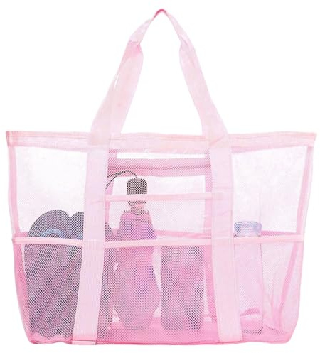 HarnyLoom Strandväska i mesh, XXL för män, stor resväska med dragkedja och fickor, antisandväskor, sommar, simning, strand, resor, camping, förvaring (rosa)