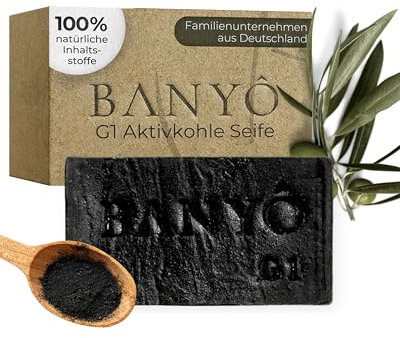 BANYÔ G01 Aktivkohle Gesichtsseife I Handgemachte Hamamseife mit 100% natürlichen Inhaltsstoffen I Beruhigende & porentiefe Pflege I Auch als Reinigung & Maske I Ideal für fettige & Akne-neigende Haut