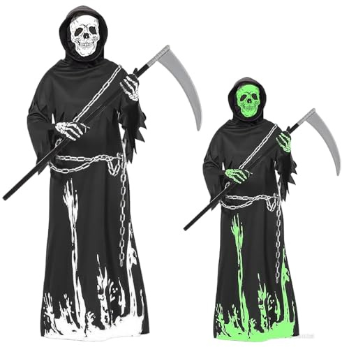 Costume Mietitore Bambino, Grim Reaper Costume con Guanti Falce e Catena, Costume di Halloween Fosforescente, Costume Della Morte Bambino, Vestito Fantasma bambino per Giochi di Ruolo (XL: 11–13 anni)