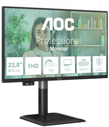 AOC Monitor 24P4U da 24 pollici FHD, 120 Hz, IPS, GtG 4 ms, sincronizzazione adattiva, modalità HDR, regolazione dell'altezza, altoparlante, (1920 x 1080, HDMI 1x 1.4, DP 1x 1.2 Hub USB) Nero