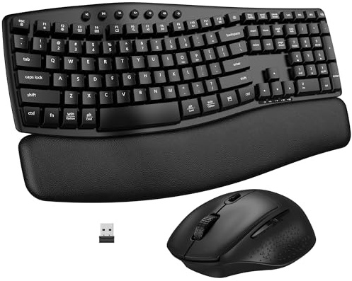 Ergonomic Wireless Keyboard Mouse Combo, EDJO Bluetooth/2.4G Dual-Mode Connection, Soft Foam Wrist Rest, Silent Typing, Waves Key Design and 3-Level DPI Adjustable Wireless Mouse for Windows, Mac OS