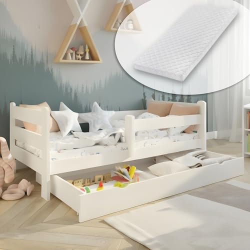 Kids Collective Lit pour enfant - 80 x 160 cm - Avec protection anti-chute, tiroir et matelas - Kit complet - 80 x 160 cm - Pour enfant et adolescent - Blanc