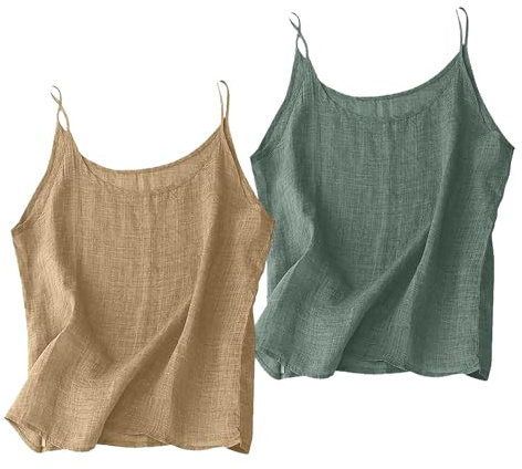 Lot de 2 Débardeur en Gaze de Coton et Lin Femme sans Manches Haut a Bretelles Grande Taille Col Rond Caraco Basique Ample Décontracté Chic et Élégant Vetement Ete Top Femme