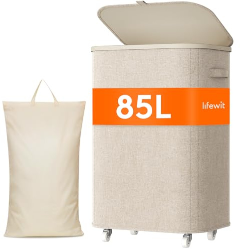 Lifewit Cesto Ropa Sucia con Tapa y Ruedas, Cubo Ropa Sucia Plegable con Bolsa Extraíble, Laundry Basket para Dormitorio, Baño y Lavadero, 85L, Beige