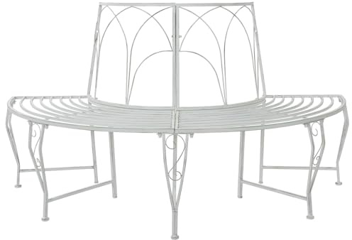 Ziaphsol Banc d'arbre pour 4 personnes - En acier blanc vieilli - 160 x 80 x 89 cm - Résistant aux intempéries - Banc d'extérieur avec dossier - Demi-cercle - Banc de jardin pour troncs d'arbre
