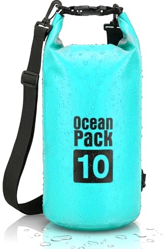 Dry Bag, Borsa Sacca Zaino Impermeabile Waterproof, chiusura a rotolo e tracolla, custodia impermeabile per cellulare e marsupio per Mare Barca Pesca Rafting Spiaggia Sport Acquatici (Light Blue, 10l)