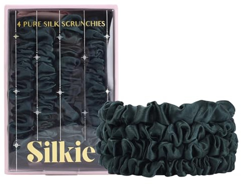 SILKIE 4er-Set 100% reine Maulbeerseide schwarze dünne Haargummis mit Reisebeutel, Haargummis für jeden Tag, Haarpflege, Pferdeschwanzhalter, ohne Haarschäden (Emerald)