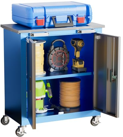 LARBANKE Armoire à Outils avec Roues et 4 Pieds Rembourrés, Armoire à Outils avec 2 Portes et Etagères Réglables,Armoire en Acier Verrouillable pour Le Garage,Maison et Le Bureau