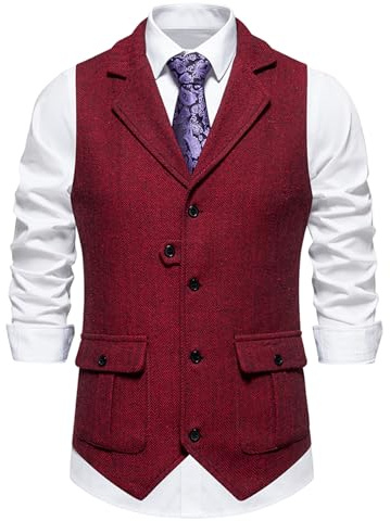 Gilet sans manches pour homme – Col en V – Veste formelle en tweed – Style classique professionnel et décontracté – Pour fête, mariage – Gilet de costume avec poche – Bordeaux – Taille, rouge vin, XL