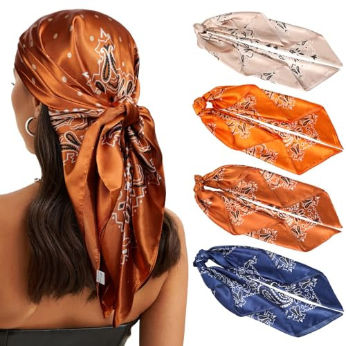 WELROG 90 × 90 cm stor fyrkantig huvudduk dam – 4 stycken bandana dam sidenscarf hår hårduk dam att knyta halsduk dam, Set-f (prickat mönster), 90*90cm（35*35in）