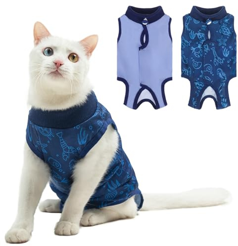 BEAUTYZOO 2 Pack Cat Recovery Suit, Cat Onesie for Cats After Surgery Female Male, Kitten Spay Neuter Surgical Recovery Body Suit Cone of Shame Alternative, Anti Lick Pet Anxiety Vest, Blue S