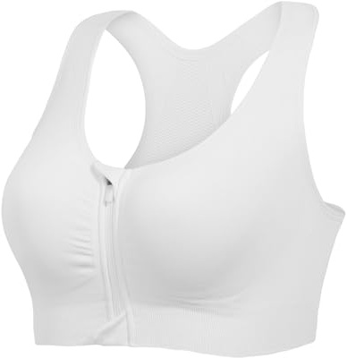 Lemef Soutien-Gorge de Sport à Fermeture éclair sur Le Devant - Soutien-Gorge de Compression Post-opératoire sans Fil pour Femme - Dos Nageur, Blanc, XXL