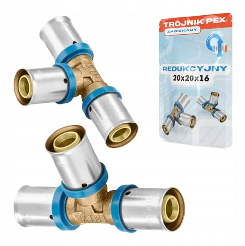 Rimex Pressfitting PEX T-stycke reducerare pressmontering, dricksvatten och uppvärmning, U-kontur, mässing, hylsa av rostfritt stål, 1 styck (20 x 20 x 16 mm)