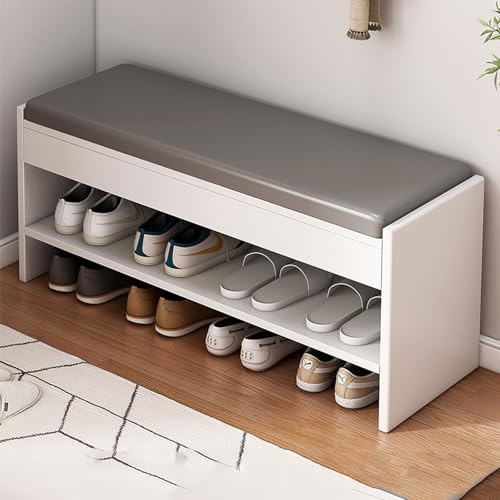 LIUWOPA Banc à Chaussures à 2 Niveaux avec Coussin, Banc de Rangement pour Chaussures d'entrée, Tabouret à Langer pour Couloir, étagère à Chaussures Simple pour entrée, Chambre, Salon, Couloir, Blanc