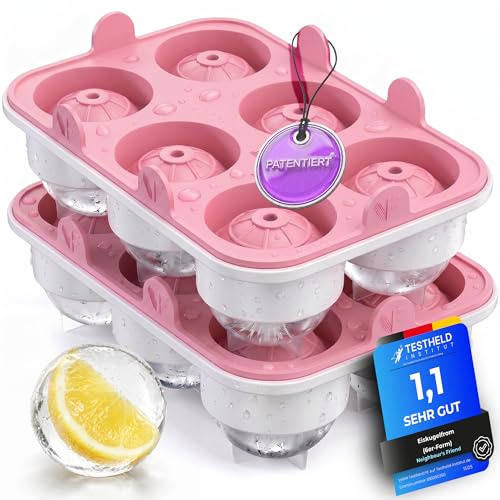 Rosa XXL Eiskugelform 2er Set – Stylische Eiswürfelformen aus Platin Silikon für Cocktails, Eiskaffee & Sommerdrinks – Patentierte leichte Entnahme – BPA-frei – 12 große runde Eiswürfel für Softdrinks