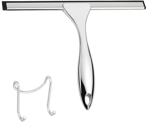 wlich 10 Inch Shower Squeegee with 1 Hook For Glass Doors, Windows, Mirrors | Silicone Blade, Streak-Free Cleaning, Plastic Non-Slip Handle, Adhesive Hook, For Shower Glass, Tiles and Car Windows