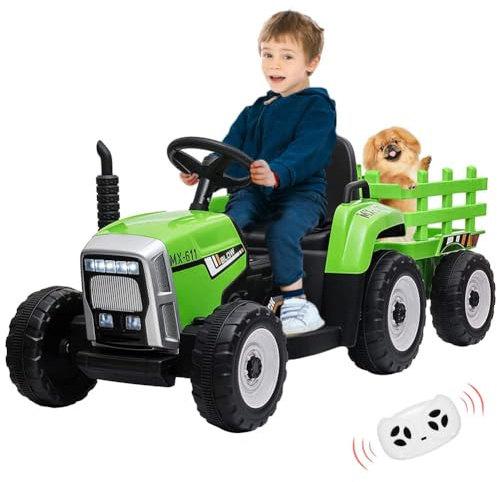 Elektrisk traktor för barn med avtagbar trailer, elbil, 35 W, dubbelmotor, föräldrafjärrkontroll, LED, musik, USB/trådlös, 3 hastigheter, 3–8 år, grön