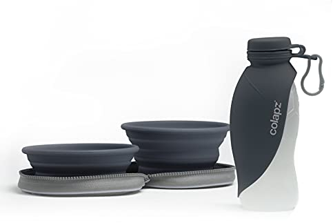 Collapsible Dog Bowls and Portable Water Bottle Travel Set - Foldable Bowl with Food and Water Dispenser - Grey