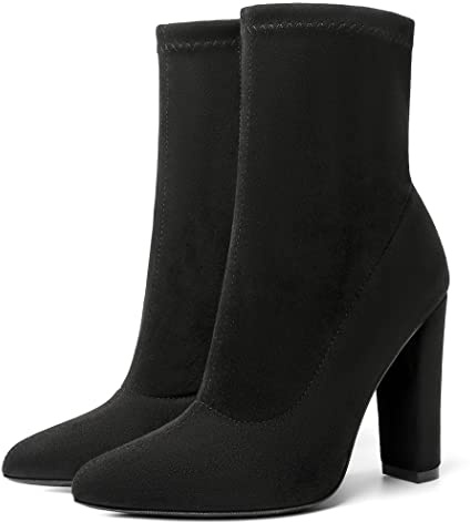 risdoada Black Sock Boots for Women Suede Heeled Ankle Booties Fall Winter Dress Pointed Toe High Heel Mid Calf Party Boots