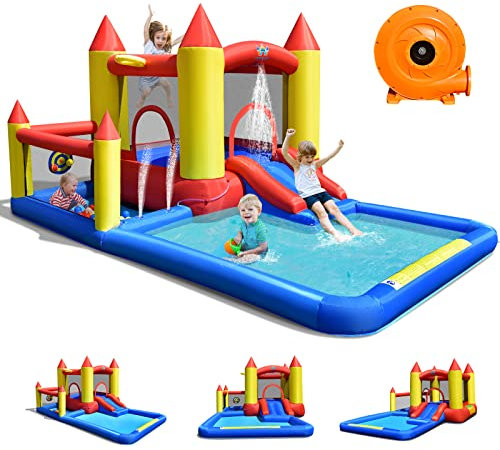 GOPLUS Château Gonflable, Aire de Jeux Aquatique Gonflable avec Zone de Saut,Canons à Eau et Toboggan pour Les Enfants de 3 à 8 Ans,Toboggan Double, Jusqu’à 90KG (Jaune avec souffleur)