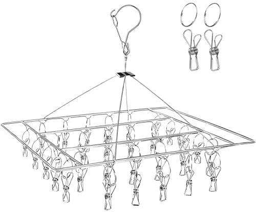 DARUITE Estante de Secado Acero Inoxidable con 30 Pinzas, Gancho Giratorio a Prueba de Viento Colgador de Ropa para para Calcetines, Ropa para bebés, Ropa Interior, Toallas, Guantes (1 Piezas)