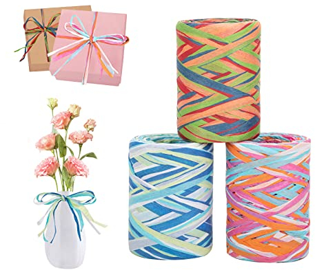Farbiges Bast-Papierband 3 Rollen 240m Bunt Bast Band Mehrfarbig Geschenkband Raffia Bastband für Geschenkverpackungen Festivals Geschenke Party-Dekoration