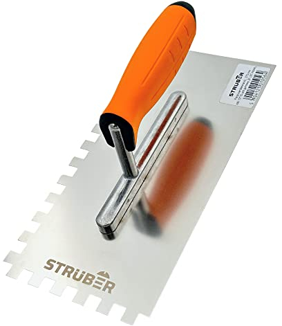 STRÜBER Zahnkelle 10mm (270 x 130 mm/Zahnung 10x10mm) - Profi Zahnglättekelle aus rostfreiem Edelstahl - Premium Glättekelle mit Softgriff - Zahnspachtel zum Verlegen von Fliesen - Made in EU
