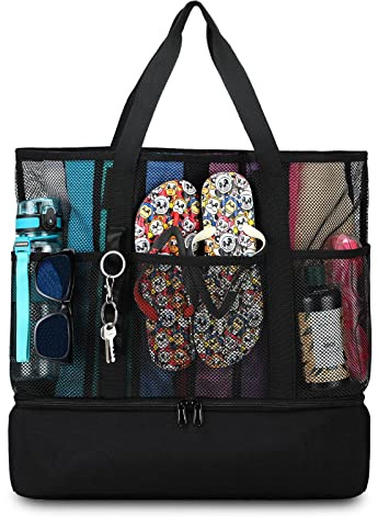 UYLIA Beach Bag with Cooler,Mesh Beach Bags for Women Sandproof for Pool and Swimming Travel Daily with Durable 8 Pocket