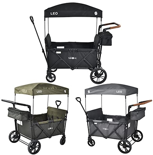 FableKids Bollerwagen Leo X4Lite mit Dach | Faltbarer Transportwagen | belastbar bis 20 kg pro Sitz | 5-Punkt-Gurt | 360° Räder | Fußbremse | Oxford 600D| Onyx Schwarz