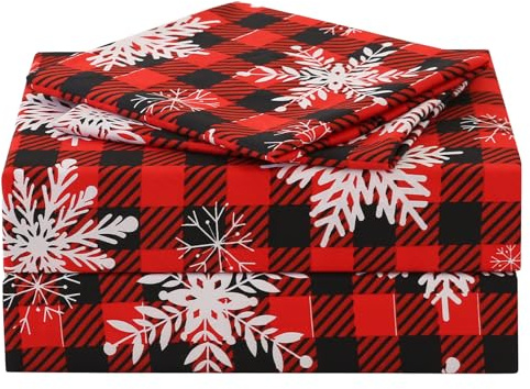 JSD Red Buffalo Plaid Snowflakes Sheet Set Queen Size, 4 Piece Christmas Winter Microfiber Bedding Sheets Extra Deep Pocket