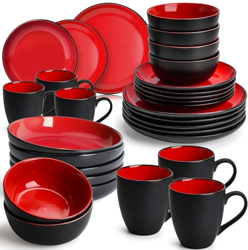 MIAMIO – Geschirrset 6 Personen/Steingut Geschirr Set 30-teilig, Tafelservice Steingut mit Tellern, Schüsseln, Tassen, und Suppentellern - Le Papillon Kollektion