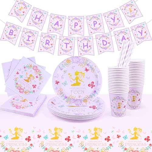 INSANYJ 16 Gäste Schmetterling Prinzessin Partygeschirr Set, Fee Geburtstag Party Geschirr, Pappteller Kindergeburtstag Set, Feen Schmetterling Partygeschirr Tassen für Party Kindergeburtstag Deko