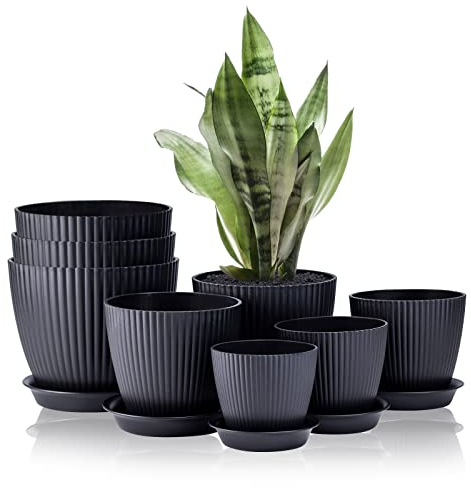 FORAGIFT 8er-Pack Blumentopf für Indoor, 19/17,5/16,5/16/14/13/11,5/10cm gestreifte Rillen-Pflanztöpfe aus Kunststoff mit Abflusslöchern und Untersetzer, Übertopf für alle Zimmerpflanzen, Schwarz