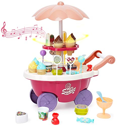 Eiscreme-Spielzeug 36 Stück Kinder Eiscreme Eisverkauf Spielset-Set Süßigkeitenwagen mit Süßigkeiten, Lutscher, Schokolade, großer Stauraum, Musik, Rollenspiel Geschenk für Kinder Mädchen ab 3 Jahre