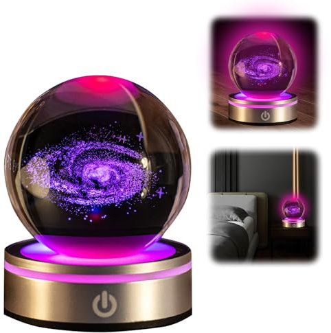 Qivine Veilleuse Boule de Cristal 3D pour Enfants, Boule de Cristal Nébuleuses LED, Lampe de Nuit en Verre avec Base, 6 Modes d'éclairage, Interrupteur à Effleurement (Voie Lactée)
