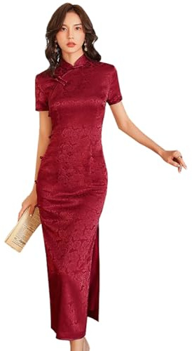 ZNLFS Women's Chinese Dresses Long Cheongsam Mandarin Collar Slim Fit Short Sleeve Bodycon Floral Print Sexy Side Slit Qipao (UK, Numeric, 10, Regular, Regular, Red)