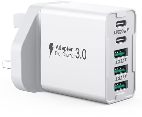 USB Plug UK 50W 5 Port USB C Charger Block, Fast Charging Plug for iPhone 16/15/14/13/12/11, iPad, Multi USB Charger for Samsung Galaxy S22, S23, S21, USB C Power Adaptor Type C Wall Plug