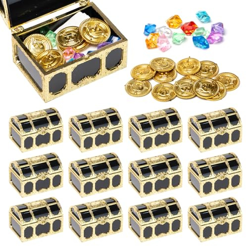 Neikafan 12 Pezzi Scrigno Del Tesoro Piccolo Pirati Plastica,12 Gemme per I Bambini e 12 Moneta Oro Forziere Pirati per La Decorazione Pirati Festa Di Compleanno Dei Bambini Pirata