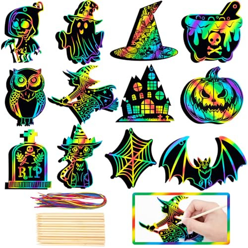 GOMANCHE 48 pièces Cartes à Gratter pour Halloween, Papier à Gratter Magique Arc-en-Ciel DIY, Ornements d'halloween pour Les Activités en Classe, Les fêtes et Les Décorations de Vacances