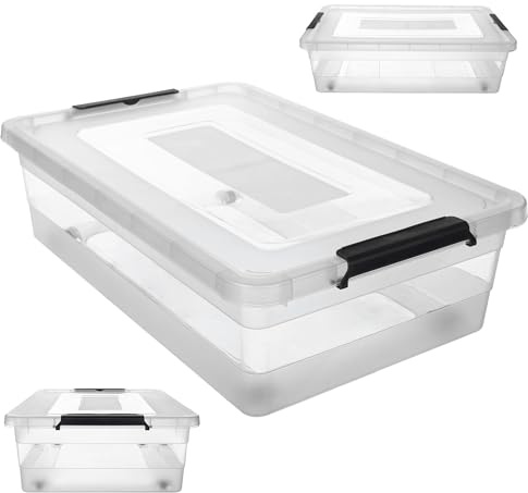 KADAX - Scatola portaoggetti con coperchio, scatola per giocattoli, robusto contenitore in plastica con chiusura a scatto, contenitore di stoccaggio (Trasparente, 28 L)