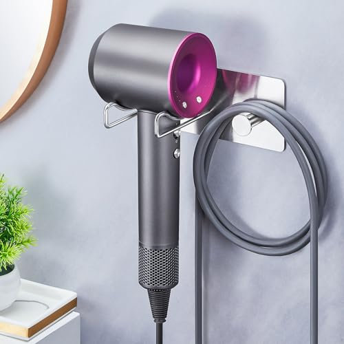 XILIMOR Föhnhalterung Bad Wand Ohne Bohren, Föhn Halterung Fönhalter Edelstahl mit Kabellagerungsregale, Haartrocknerhalter Zum Kleben für Bad Schlafzimmer Hotel, Silber