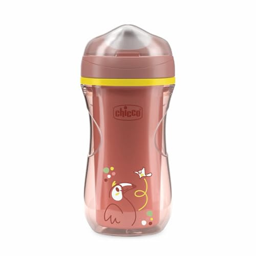 Chicco Active Cup Tasse en plastique anti-goutte pour enfants 266 ml, gobelet pour biberon 14+ mois pour apprendre à boire, thermique avec bec ergonomique anti-morsure et valve Easy-Sip, sans BPA,Rose