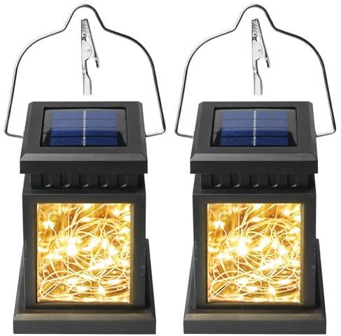 Set di 2 lanterne solari per esterni, da appendere, a LED, quadrata, 30 LED, luce bianca calda, resistente alle intemperie, giardino, balcone e terrazza, lanterna solare