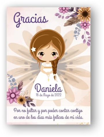 Genérico Tarjetas de Agradecimiento para Comunión Niña con trenza, detalle para invitados. Tarjetas de agradecimiento para invitados, tarjeta de agradecimiento niña de comunion.